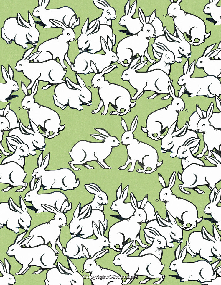 Playful White Rabbits on a Light Green Background in Pattern Formation