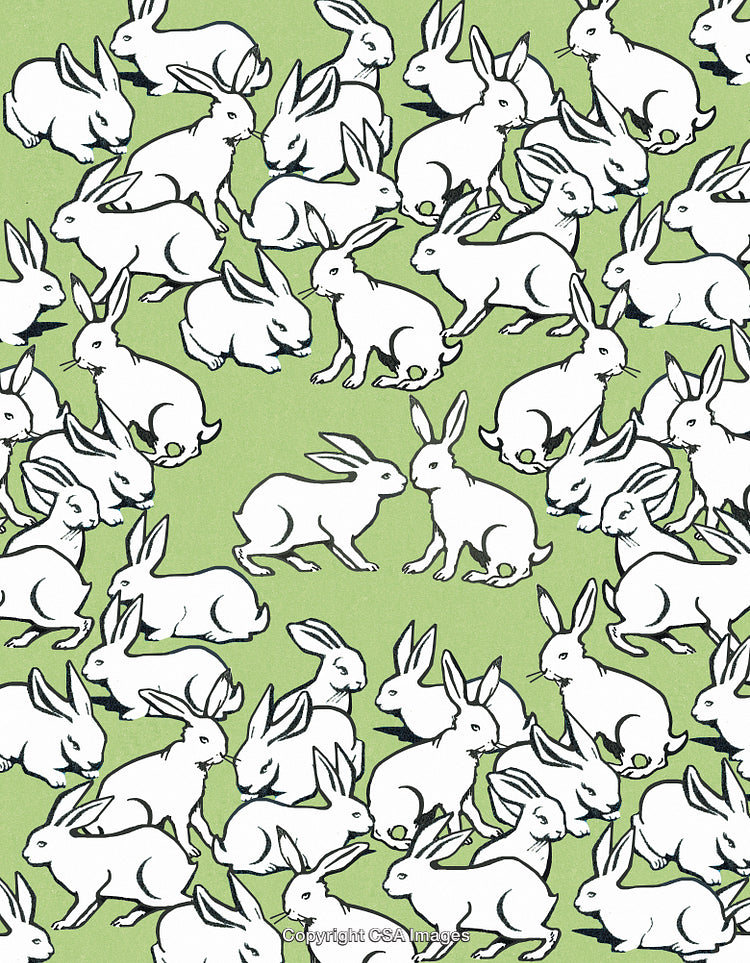 Playful White Rabbits on a Light Green Background in Pattern Formation