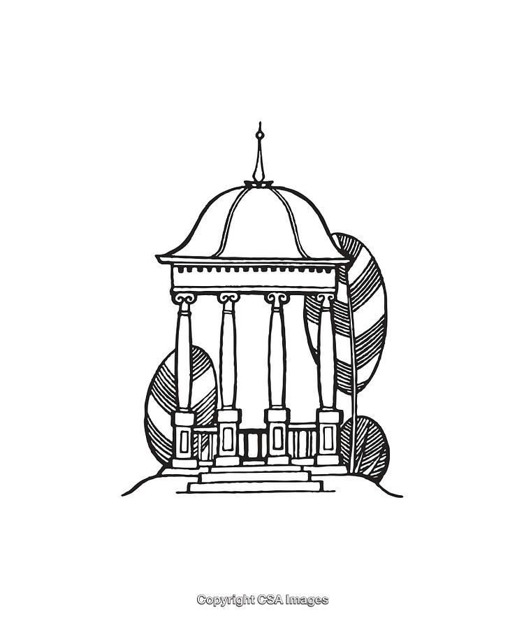 Black and White Line Art Illustration of a Gazebo with Trees