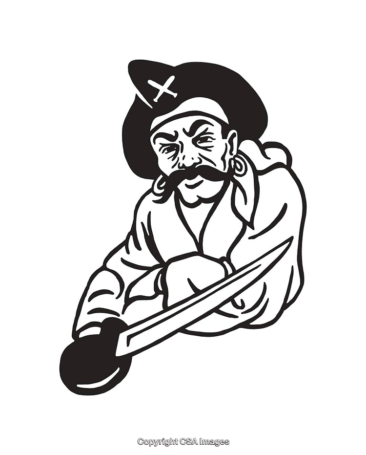 Black and White Pirate Line Art Illustration With Sword and Hat