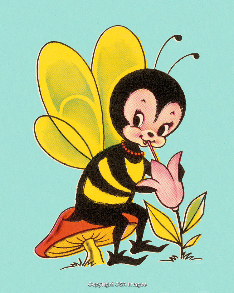 Whimsical Cartoon Bee with Flower on Mushroom in Vintage Style