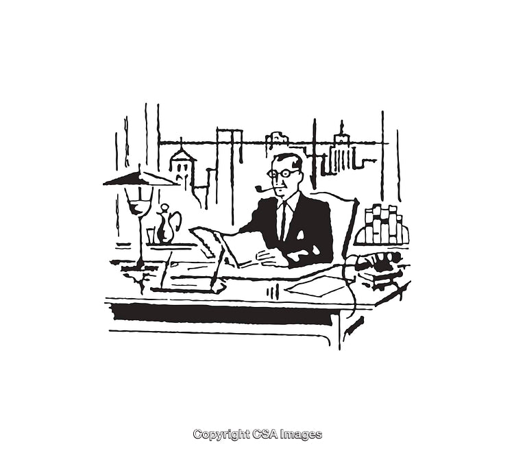 Vintage Black And White Line Art of a Businessman at His Desk