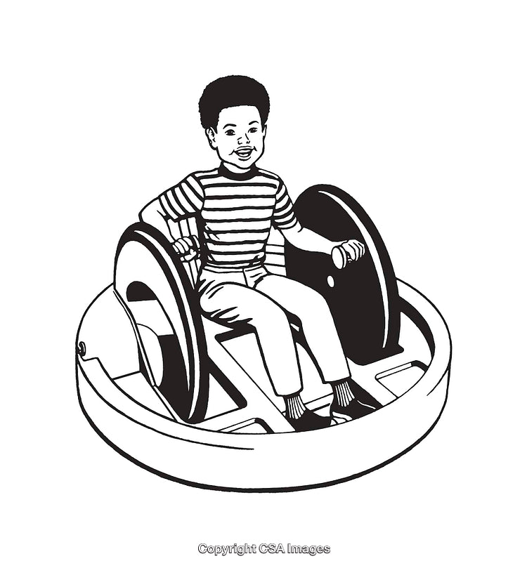 Black and White Illustration of a Young Boy on a Ride