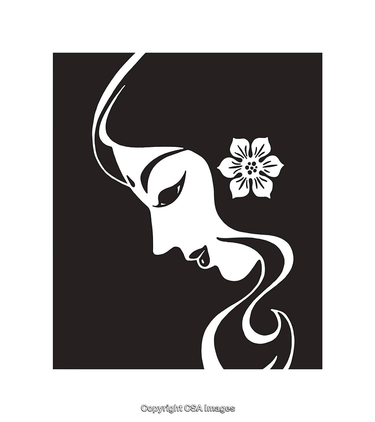 Elegant Black and White Line Art of Woman With Floral Accent