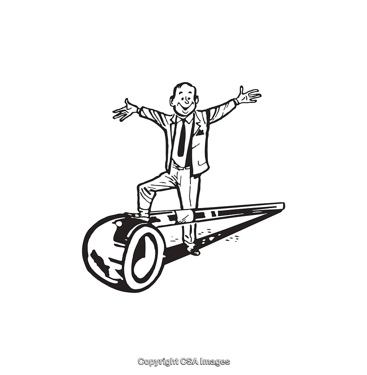Black and White Illustration of a Man Balancing on a Large Pipe