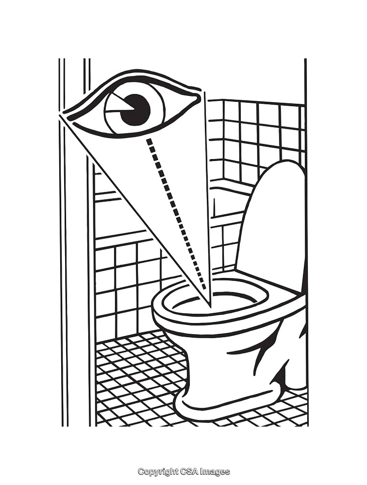 Surreal Black and White Line Art of Eye Observing a Toilet Scene