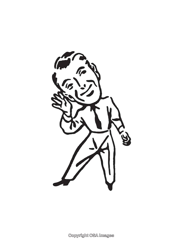 Vintage Line Art Illustration of a Man Listening and Smiling