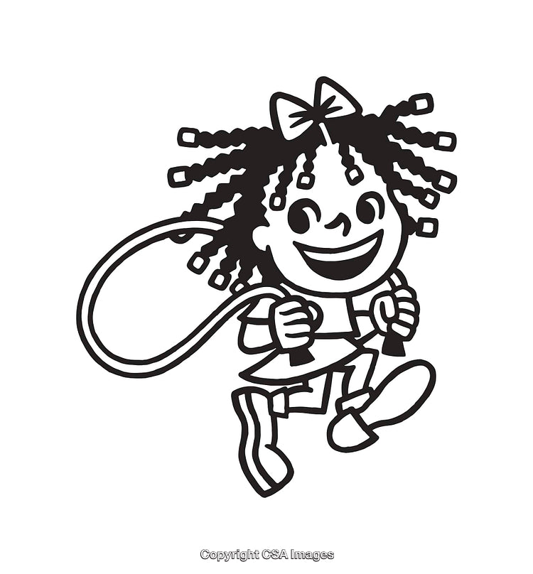 Black and White Line Art of a Child Joyfully Jumping Rope