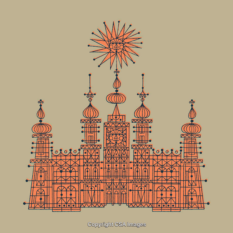 Abstract Line Art Illustration of Ornate Palace Design with Orange Hues