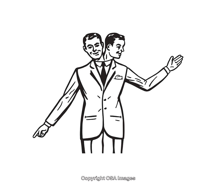Surreal Black and White Illustration of Two-Headed Man in Elegant Suit