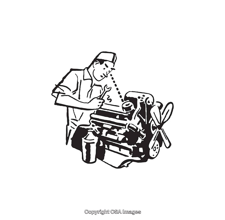 Mechanic Repairing Engine in Black and White Line Art Illustration