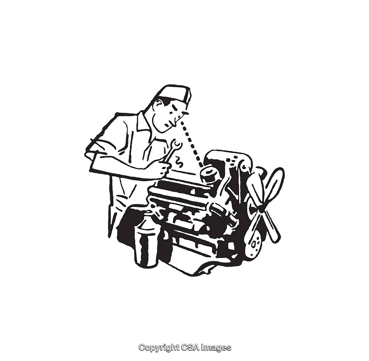 Mechanic Repairing Engine in Black and White Line Art Illustration