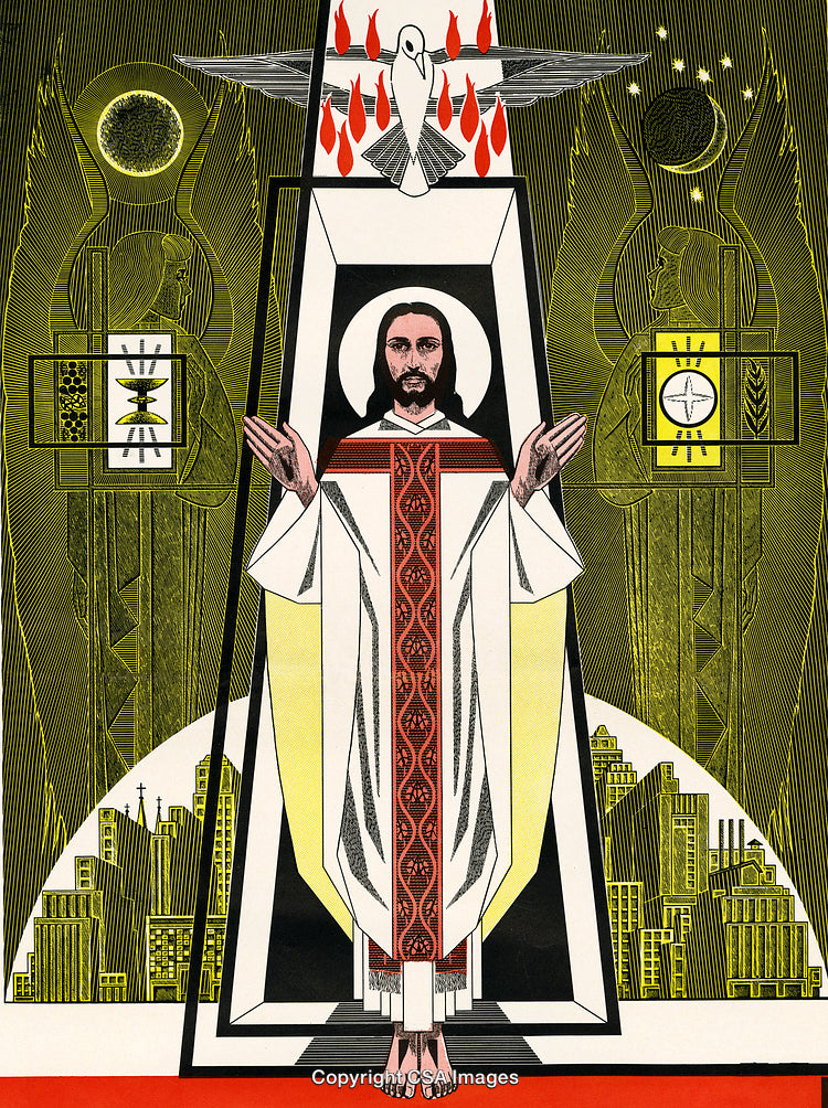 Abstract Depiction of a Religious Figure with Christian Symbols and Abstract Designs