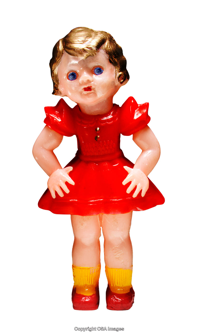 Vintage Plastic Toy Doll in Red Dress with Yellow Socks on White Background