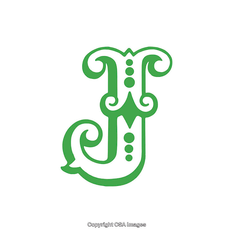 Intricately Designed Green Decorative Letter J on White Background