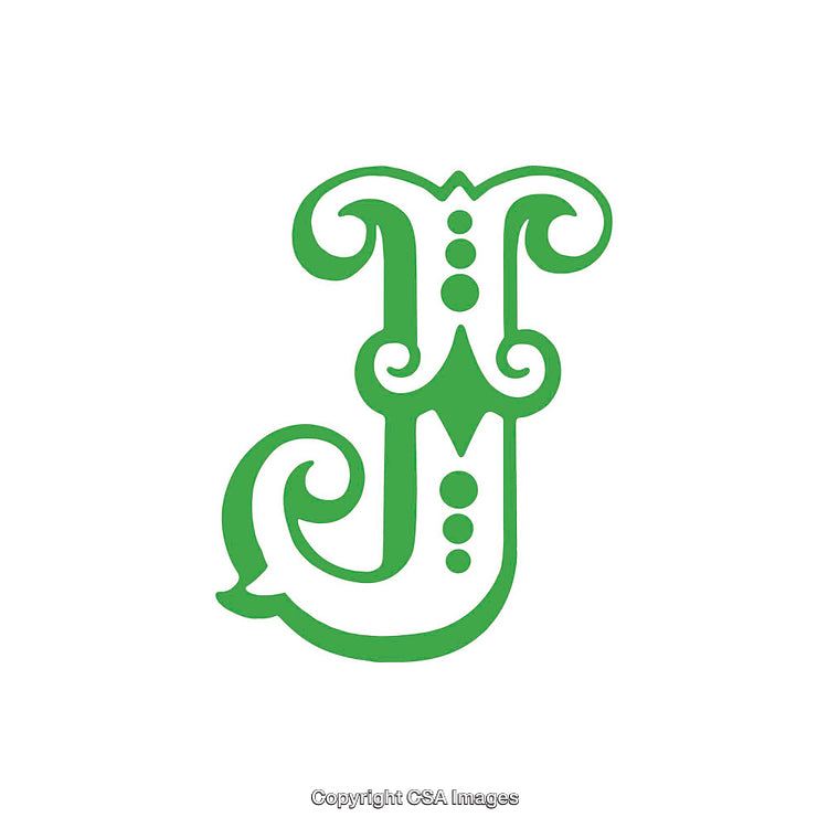 Intricately Designed Green Decorative Letter J on White Background