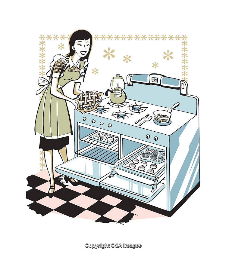 Retro Illustration of a Woman Baking Pie in a Vintage Kitchen
