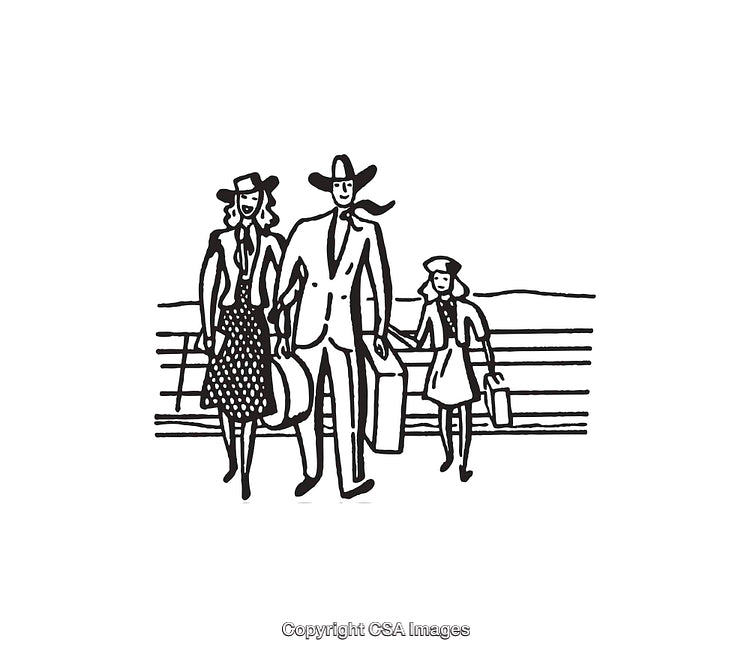 Vintage Line Art Family Traveling Together in Style