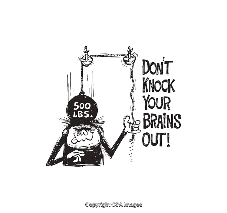 Humorous Black and White Illustration Featuring Heavy Object and Warning Text