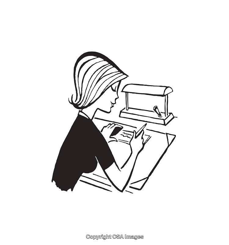 Woman Writing at Desk Illustrated in Black and White Line Art Style