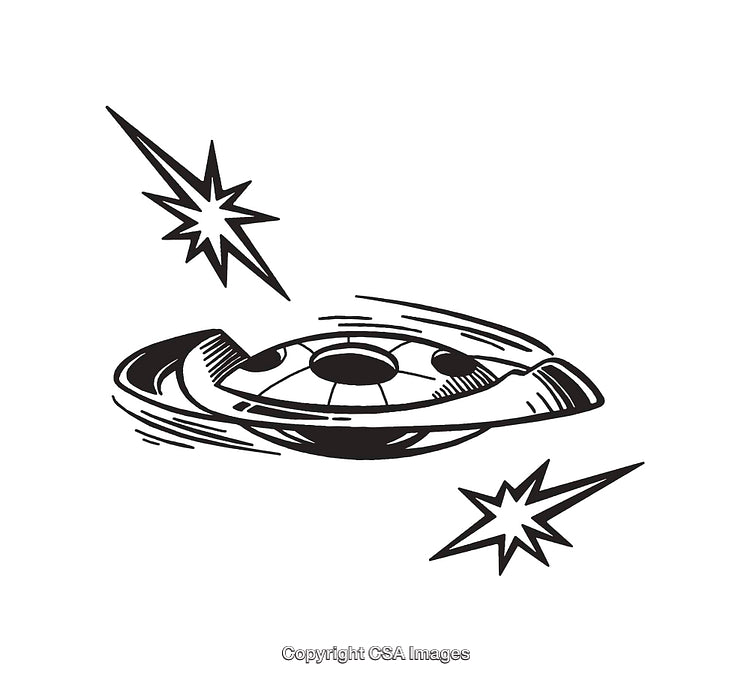 Line Art Illustration of a Flying Saucer with Sci-Fi Elements and Stars