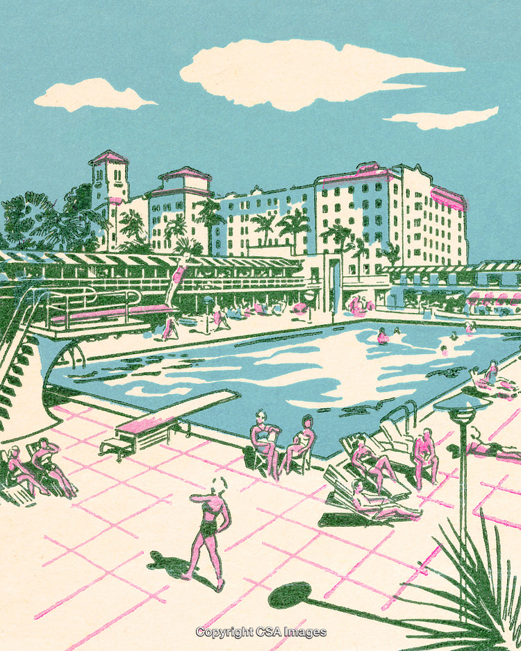 Elegant Art Style Retro Hotel Poolside Area with Relaxing Vacation Scene