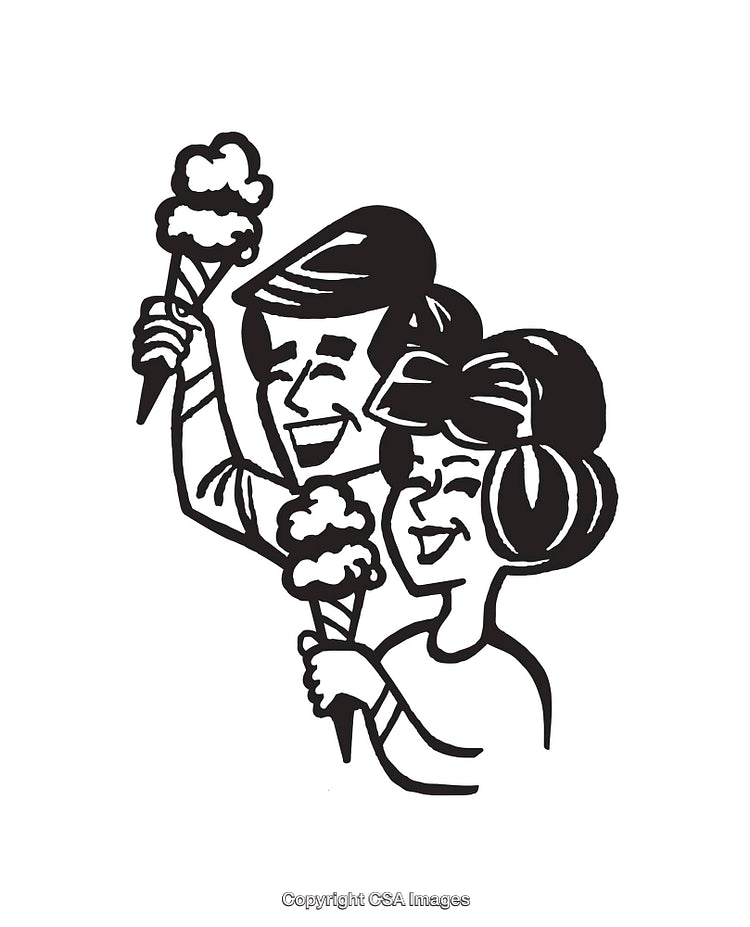 Retro Style Line Art of a Smiling Couple Holding Cotton Candy