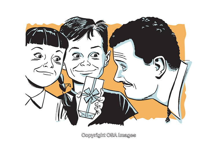 Retro Illustration of Family Sharing a New Gift Together Happily