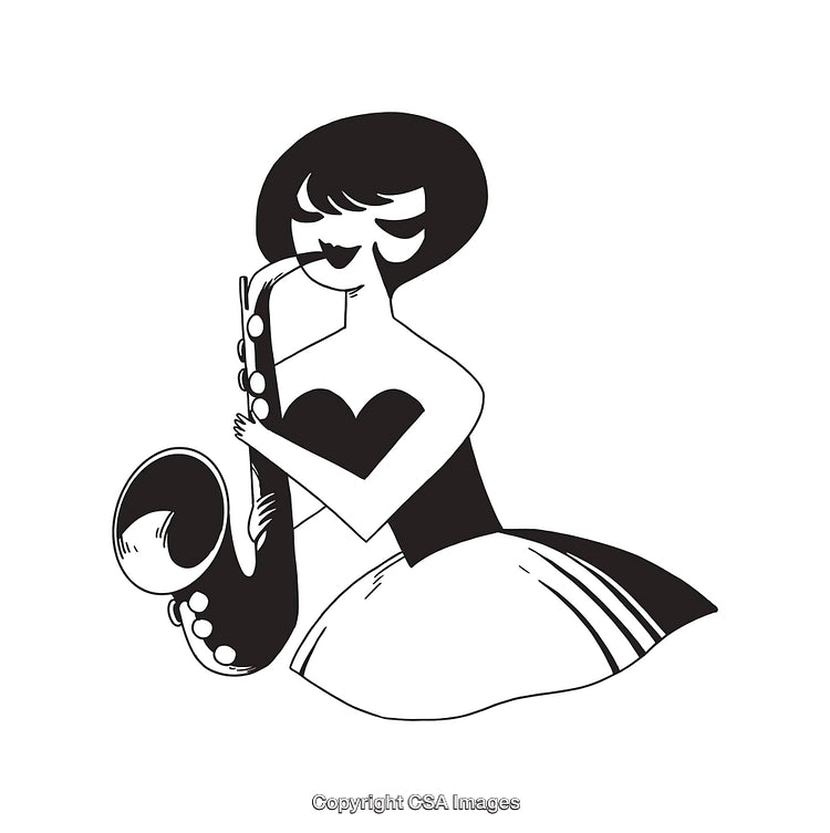 Illustration of a Woman Playing Saxophone in Black and White Style