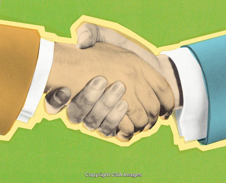 Two Hands Engaged in a Handshake with a Bold Graphic Background