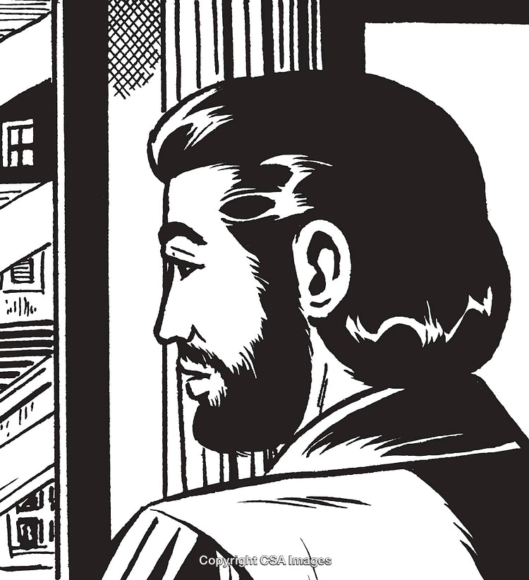 Monochrome Illustration of a Man Looking Out a Window in a Cityscape