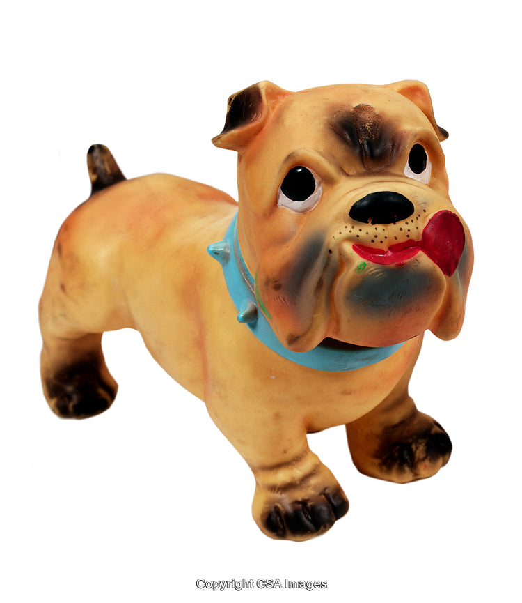 Cute Bulldog Figurine With Collar Licking Its Nose on White Background