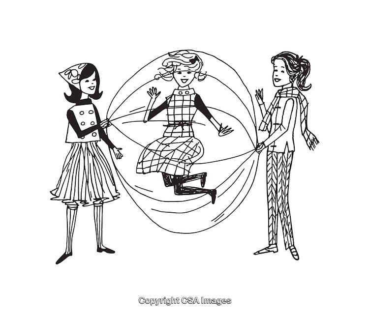 Black and White Line Art of Three Girls Playing Jump Rope Outdoors