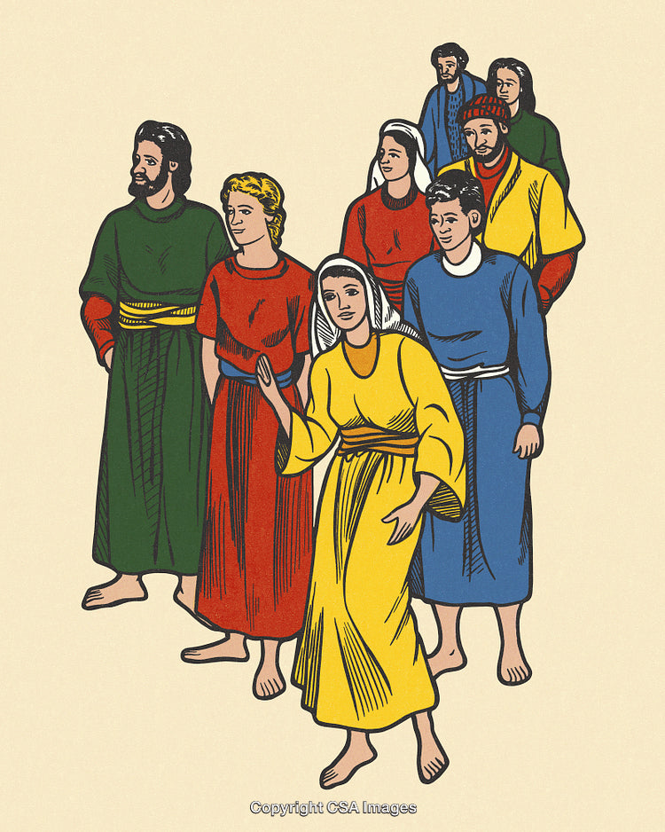 Illustration of Ancient People in Colorful Garments Grouped Together