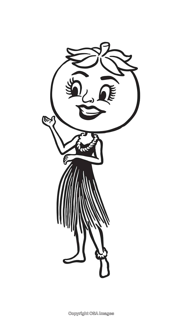 Whimsical Black and White Illustration of Tomato Hula Dancer Cartoon