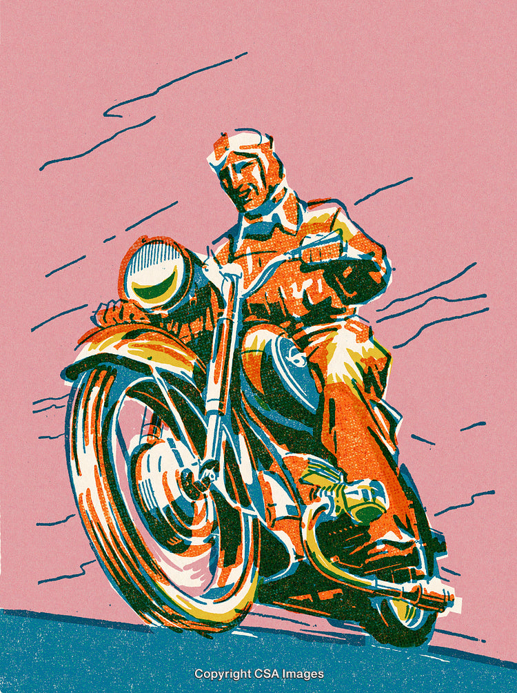 Vintage Illustration of a Motorcyclist Riding at High Speed
