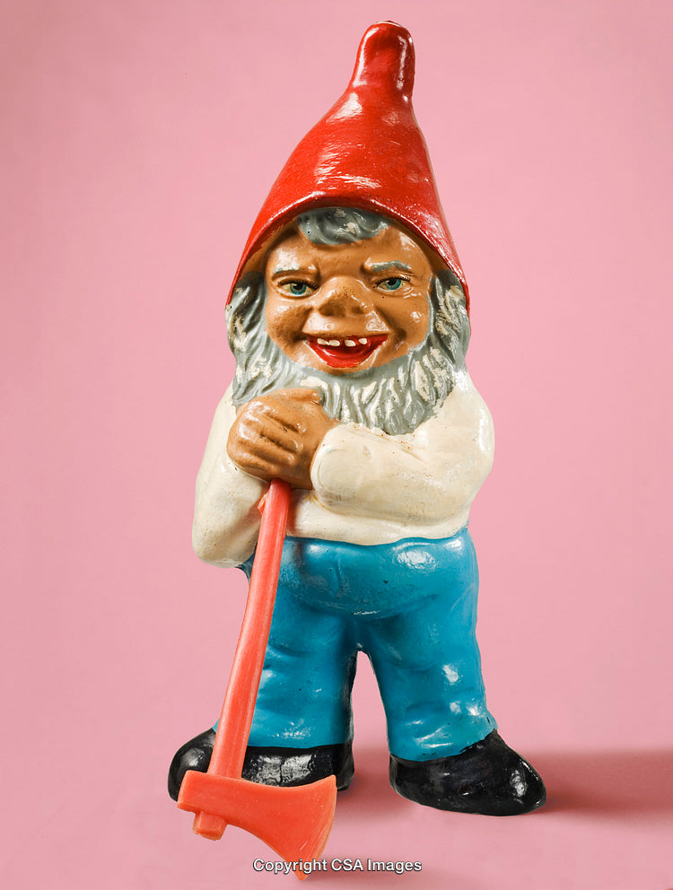 Colorful Garden Gnome Plastic Figurine on a Pink Background Holding an Axe