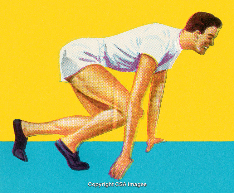 Retro Stylized Illustration of Sprinter in Starting Position on Colorful Background