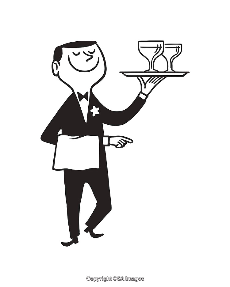 Charming Waiter Serving Drinks Illustration in Black and White Line Art