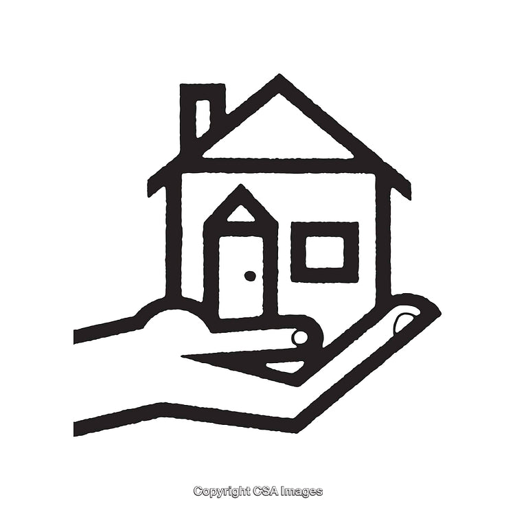 Black and White Line Art of a Open Hand Holding a Small House