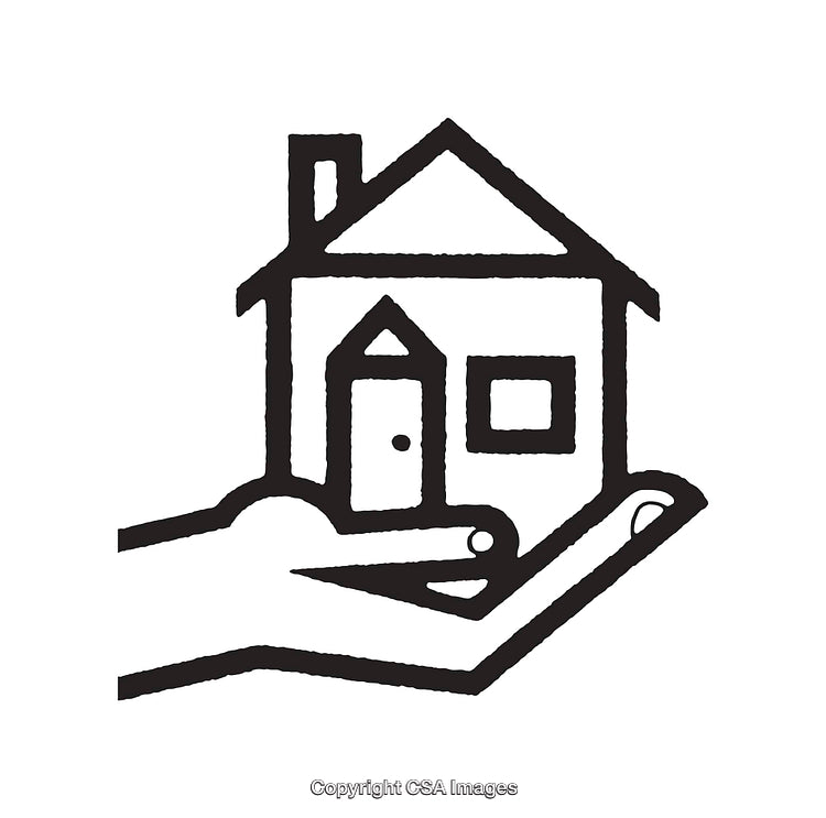 Black and White Line Art of a Open Hand Holding a Small House