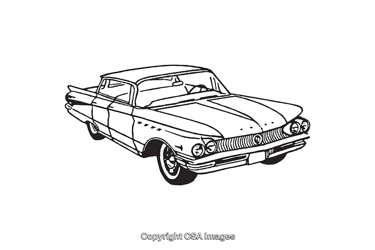 Classic Vintage Car Black and White Line Art Drawing Illustration