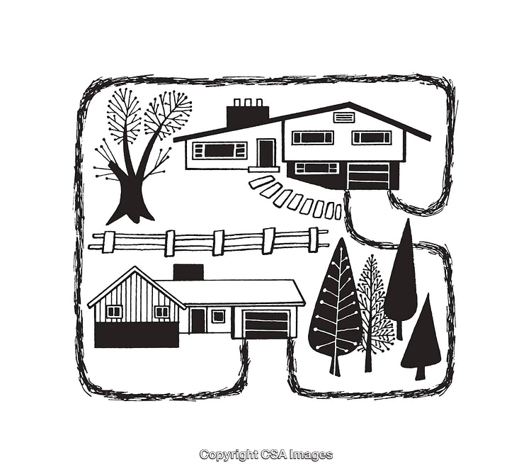 Black and White Line Art Illustration of Residential Houses and Forest Trees