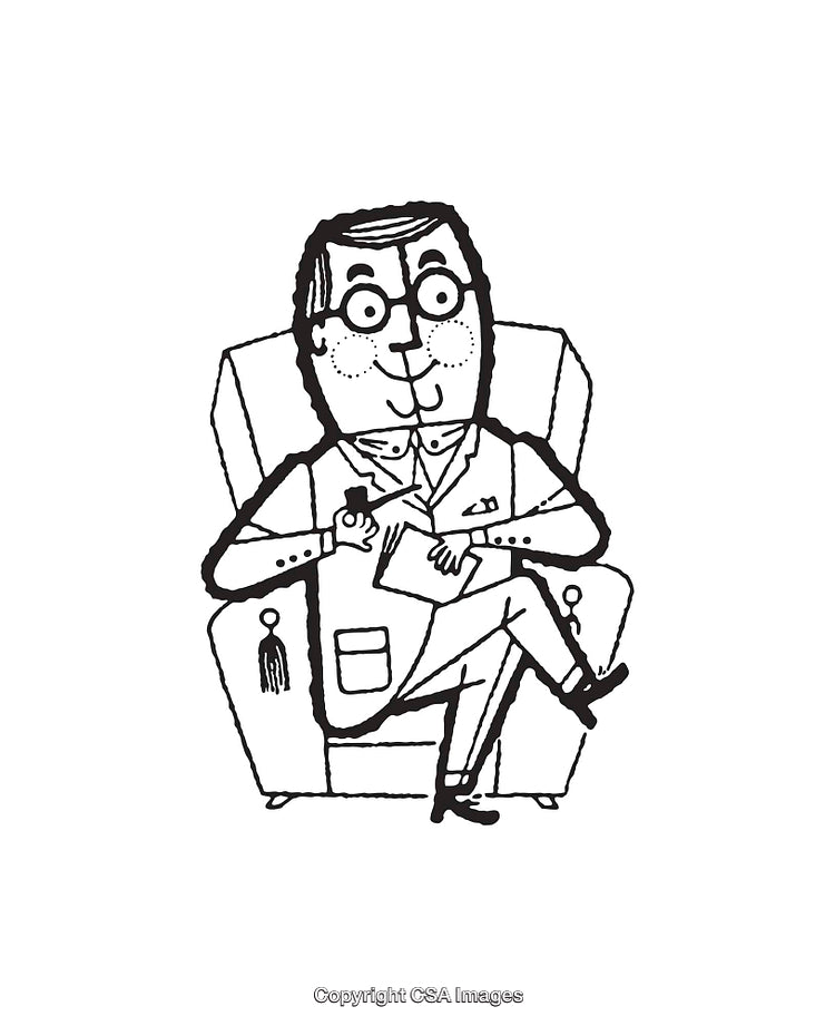Black And White Line Art of Man Writing in Chair