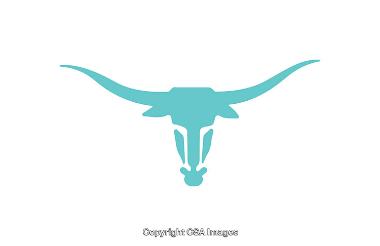 Silhouette Illustration of Teal Longhorn Skull with Extended Horns on White