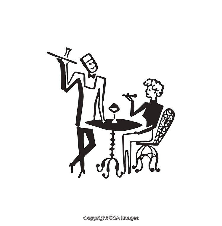 Black and White Line Art of Dining Scene With Waiter and Guest
