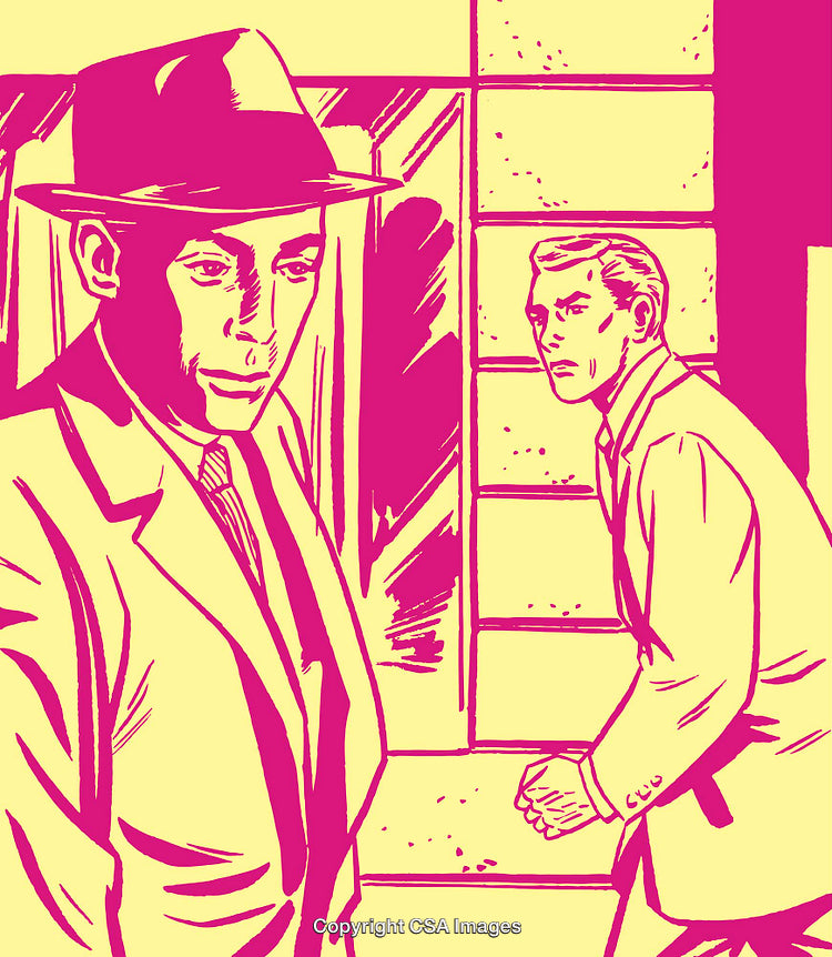 Retro Illustration Depicting Two Men in Suspenseful Urban Encounter