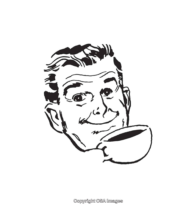 Retro Styled Black and White Illustration of a Smiling Man with Coffee