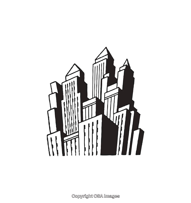 Black and White Line Art Illustration of Modern Skyscrapers