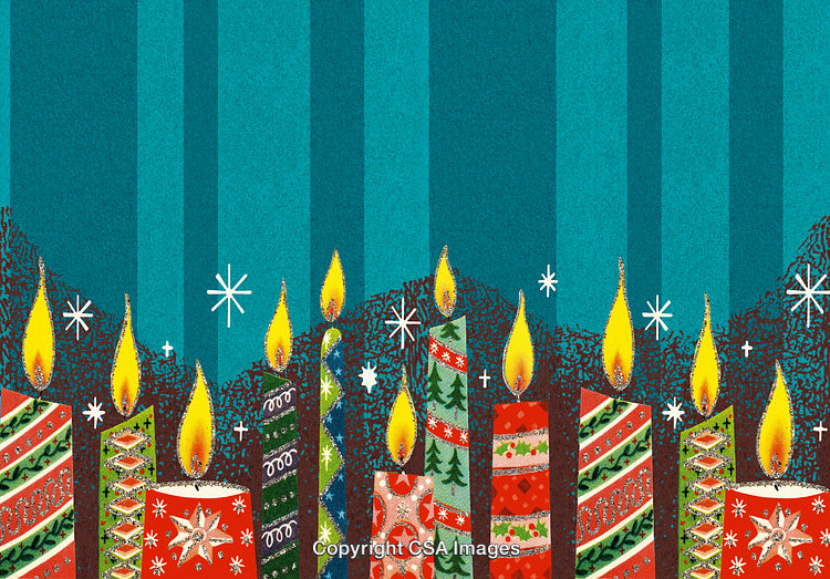 Colorful Christmas Candles on Blue Background with Festive Holiday Decorations